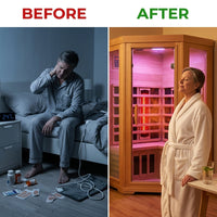 Multifunctional 2-3 Person Infrared Sauna for Home, 2180W Indoor Sauna with 7-Color LED Ambient Light, Red Light Feature, Oxygen Bar, Dual Bluetooth Speakers, 360° Surround Heating — Before & After