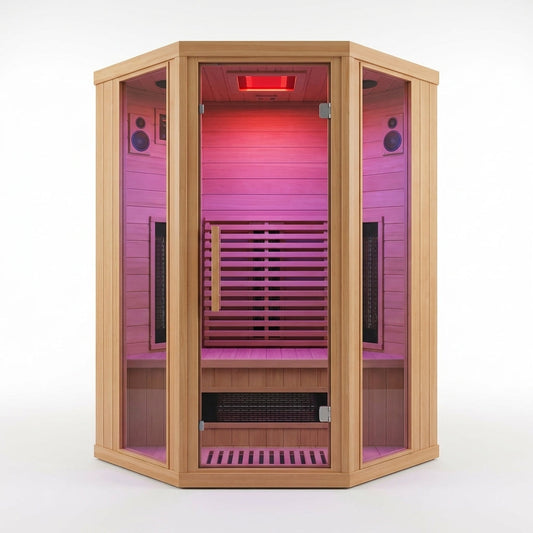 Multifunctional 2-3 Person Infrared Sauna for Home, 2180W Indoor Sauna with 7-Color LED Ambient Light, Red Light Feature, Oxygen Bar, Dual Bluetooth Speakers, 360° Surround Heating — Studio Shot