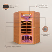 Multifunctional 2-3 Person Infrared Sauna for Home, 2180W Indoor Sauna with 7-Color LED Ambient Light, Red Light Feature, Oxygen Bar, Dual Bluetooth Speakers, 360° Surround Heating — infographic
